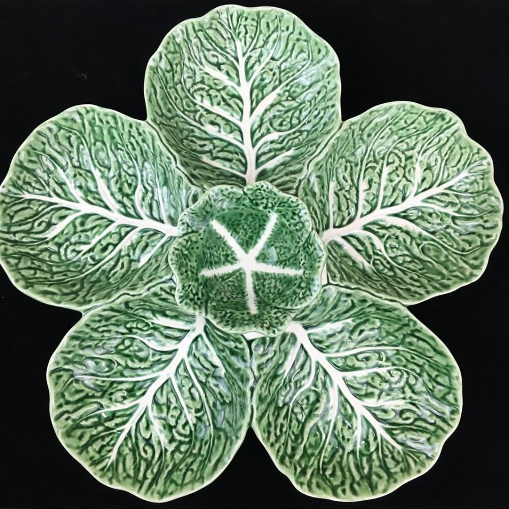 Vintage Bordallo Pinheiro Cabbage Green Majolica Relish Serving Dish Large 15"